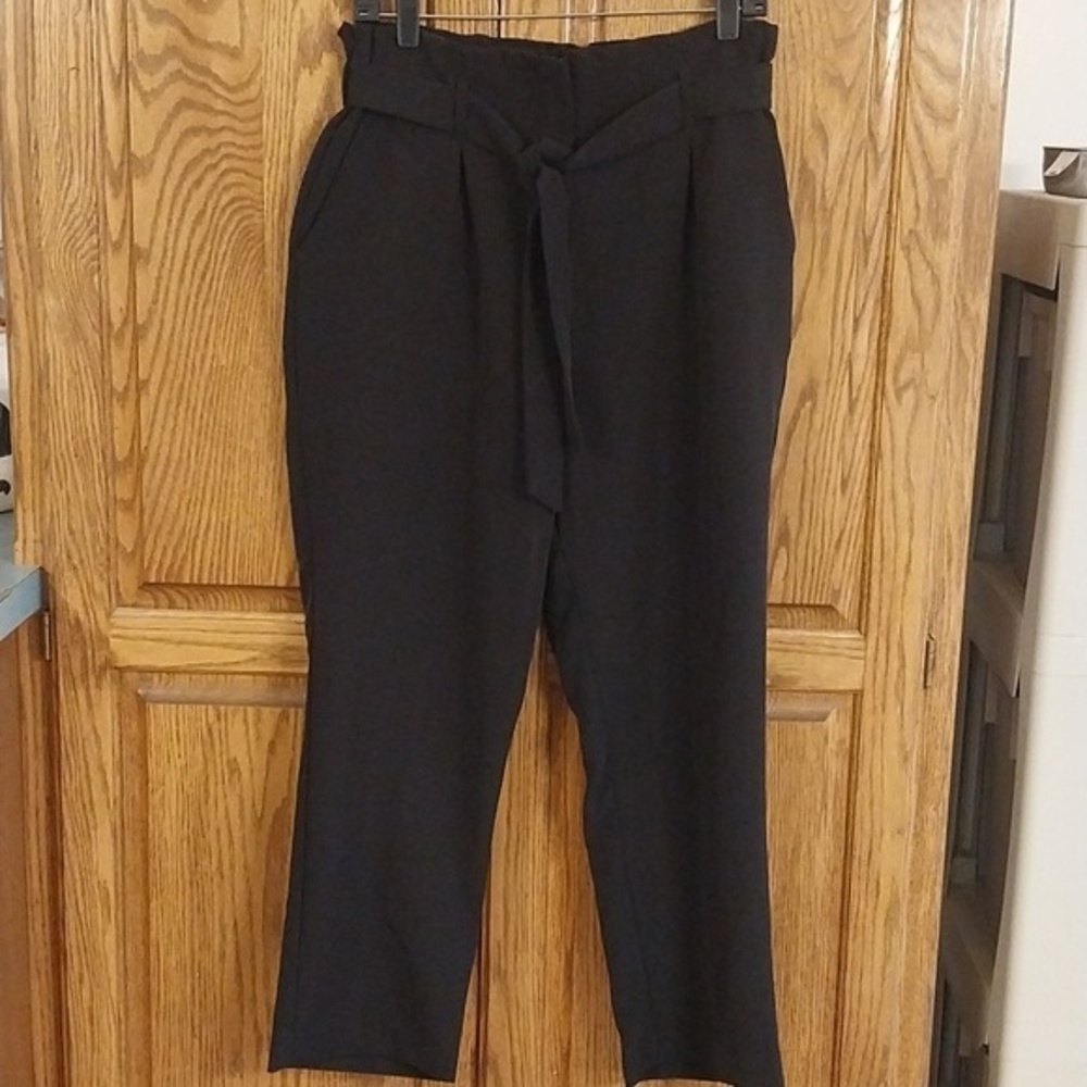New Look Womens Black Paperbag Waist Tapered Trousers Tie Belt Size US 10